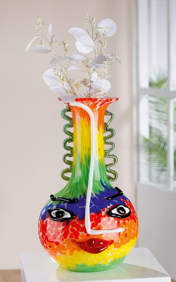 GILDE GLAS art Deko Vase Gesichtsvase - Vase aus Farbglas - Dekoration Wohnzimmer Geschenk für Frauen Männer Höhe 34 cm Mehrfarbig