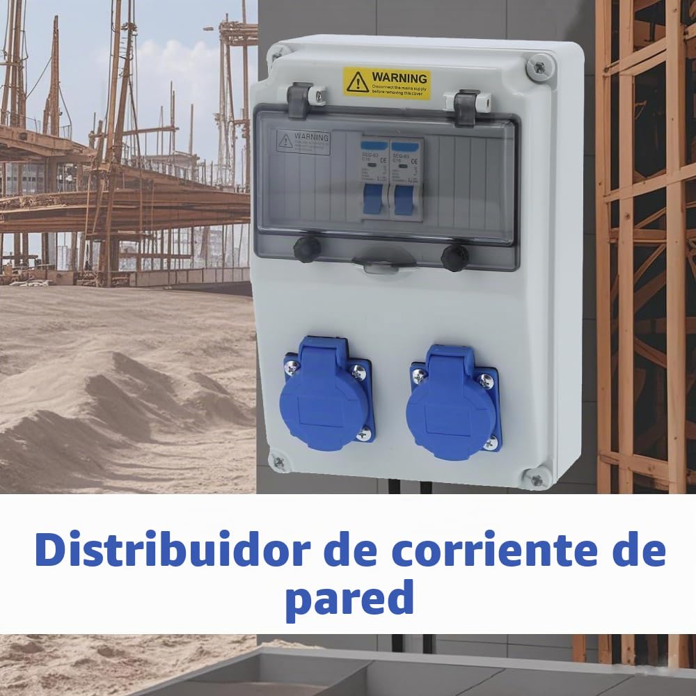 Distribuidor de Corriente de Pared de 2 Posiciones para Caja Eléctrica de Sitio de Construcción Al Aire Libre 16 A 220‑250 V, Carcasa de ABS, Protección IP65, Cubierta con