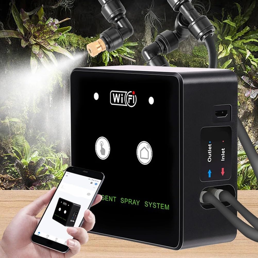 Smart WiFi - Sistema de riego para terrarios (giratorio 360°, niebla con temporización para alta humedad, sistema de pulverización compacto con bomba de aspiración automática y filtro (3 boquillas)