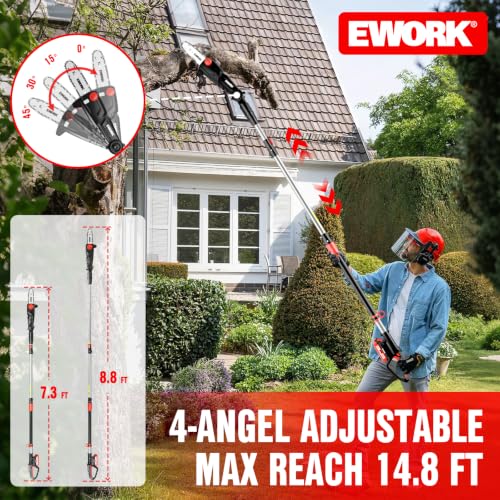 Image of EWORK 20V 8 inch Cordless Pole Saws for Tree Trimming with Battery & Charger | Tool-Less Chain Tensione, Lightweight Electric Pole Chain saw with 4-Angle Adjustable Head