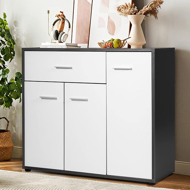 CASART Wooden Storage Cabinet, Freestanding Sideboard with Adjustable Shelf, Drawer and 3 Doors, Home Living Room Hallway Display Cupboard Organiser Unit (88 x 30 x 70cm)