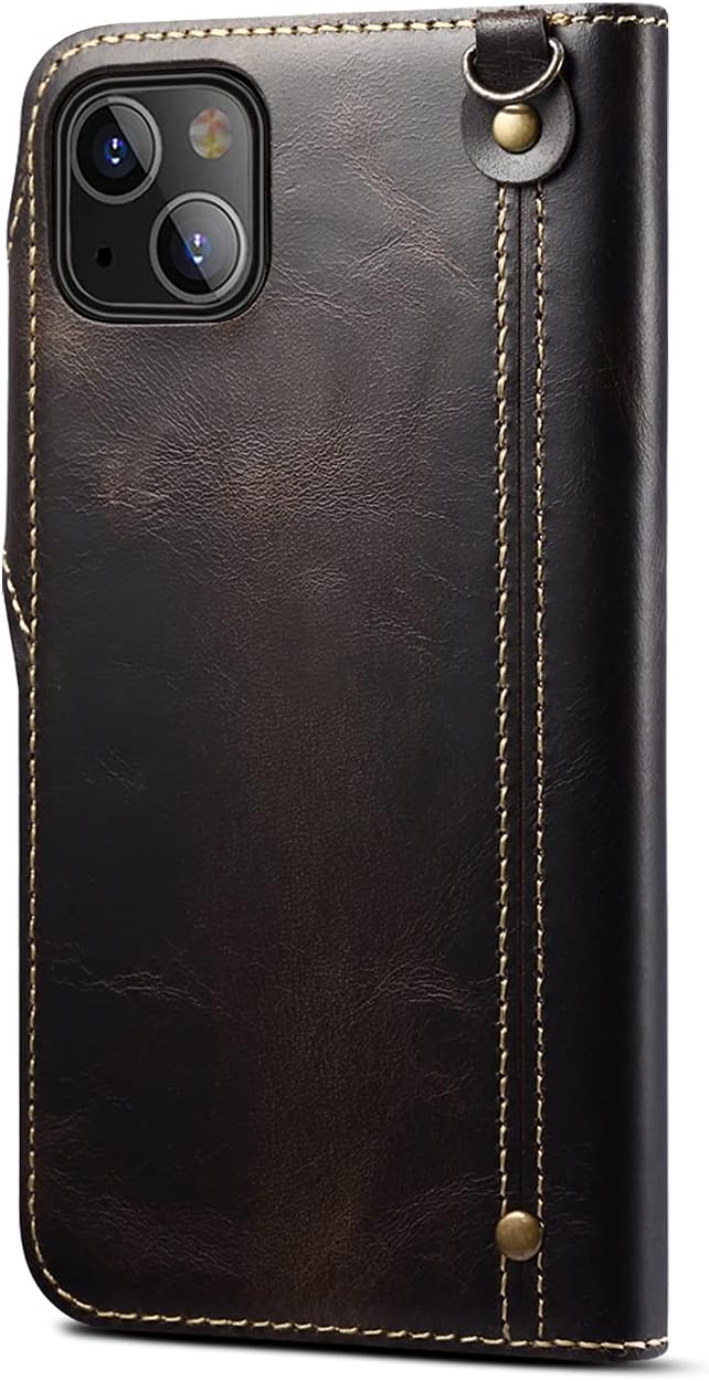 Genuine Leather Wallet Case for iPhone 13,Classic Oil Wax Pattern Real Leather Button Card Slot Flip Stand Case Cover with Lanyard Black