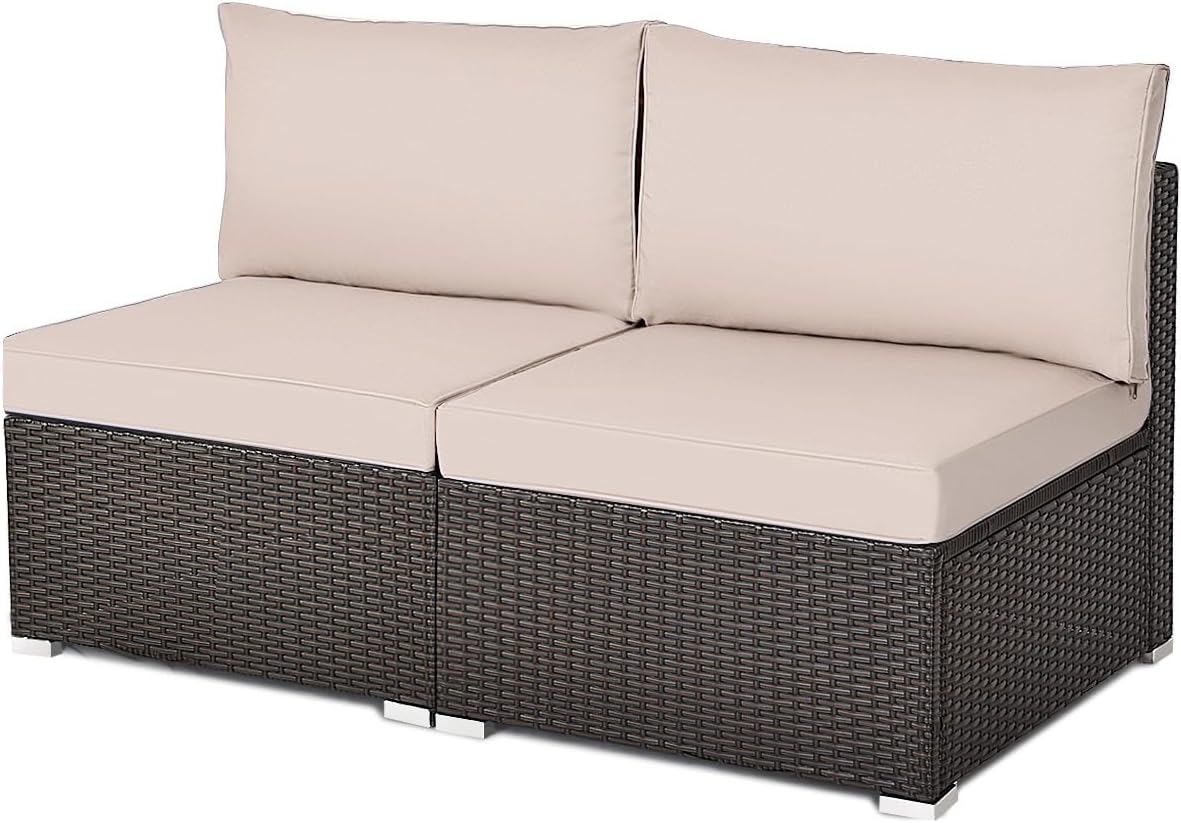 COSTWAY 2PCS PE Rattan Armless Sofa, Wicker Patio Conversation Set Chairs with Soft Cushion, Outdoor Sectional Furniture for Yard, Poolside (Beige)