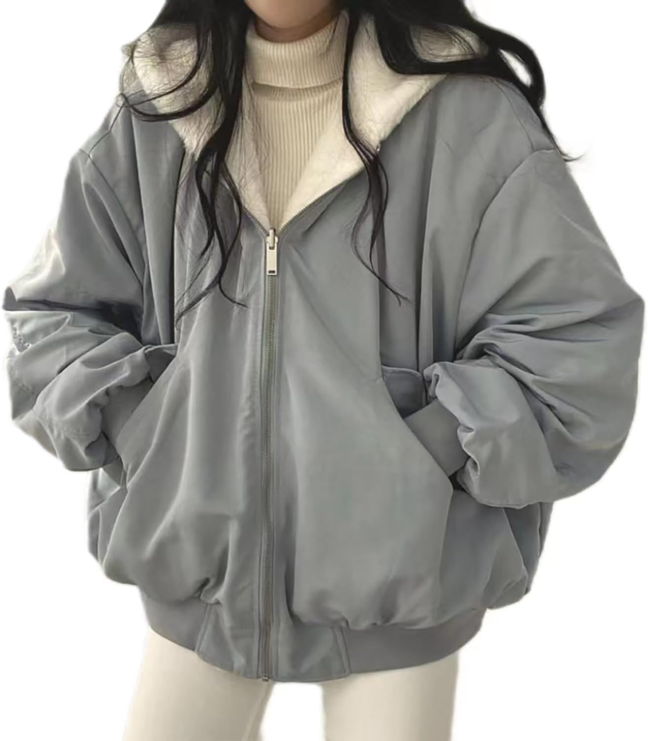 Sherpa kurtka dla kobiet nastolatków Odwracalna Y2K Zip Up Hoodie Fur Futro Zima płaszcz zimowy Cutecore Koreańskie ubrania, niebieskie, xl