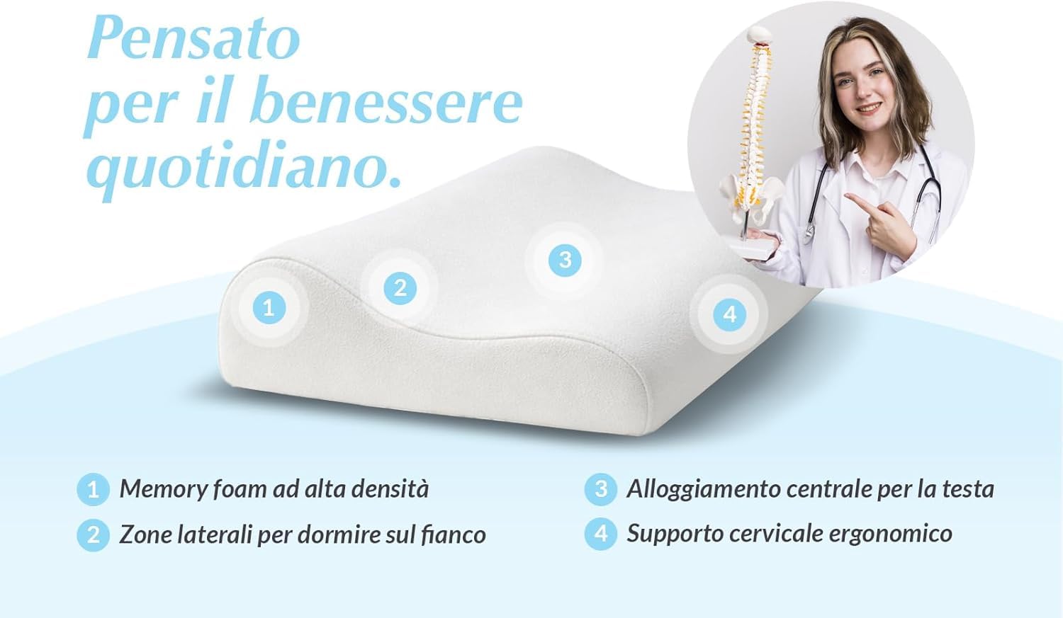 M Memory Foam Neck Pillow - Orthopaedic Cervical Pillow - Ergonomic Neck and Head Support Pillow - Breathable Hypoallergenic Washable Pillow - Made in Italy - 2