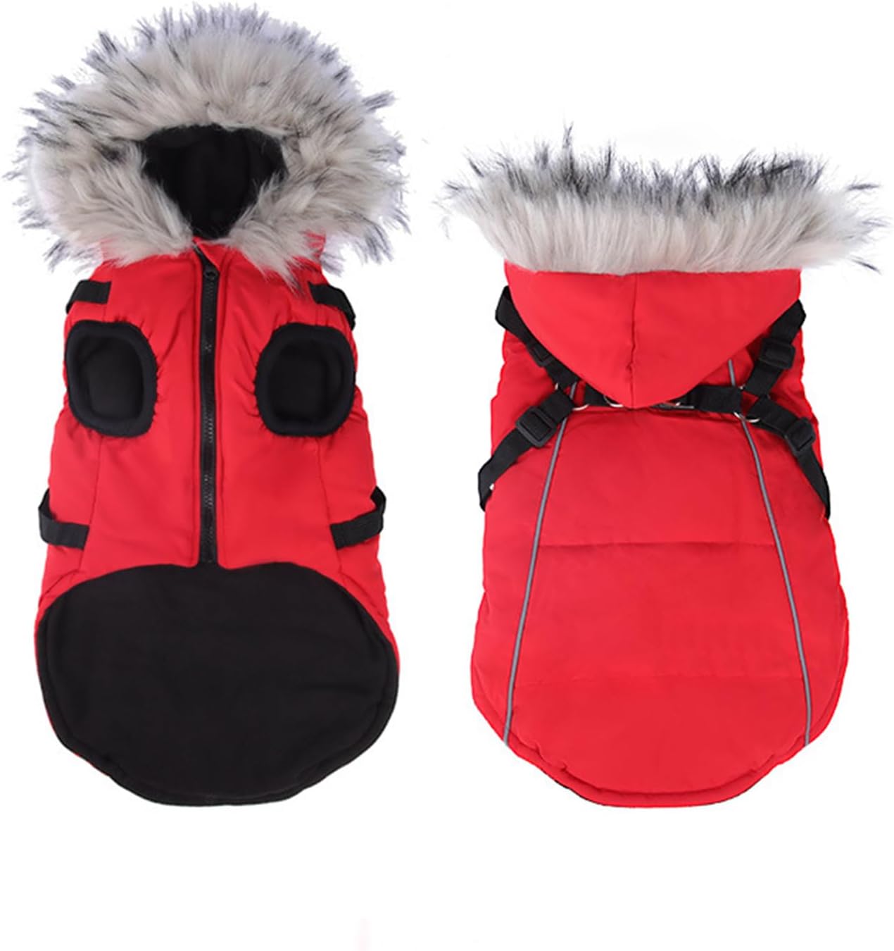 Pet Dog Hoodie,Dog Coat with Harness Built in,Waterproof Doggie Jacket with Fleece Lining,Small Puppy Clothes Reflective for Cold Weather-Red-L