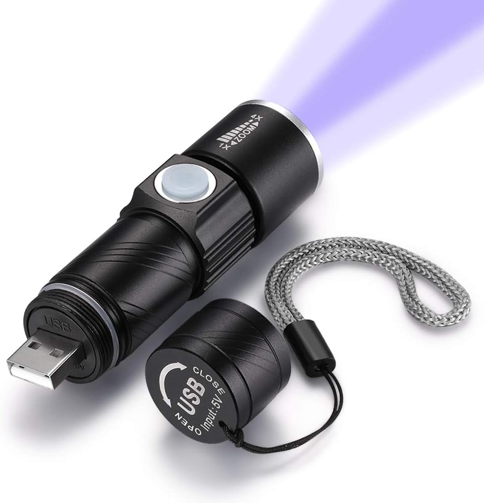 UV 365nm Flashlight USB Rechargeable Ultraviolet Light led Blacklight Wood's lamp Portable Mini Detector for Dog/Cat Urine Pet Stains, Anti-counterfeiting Identification, Resin Curing