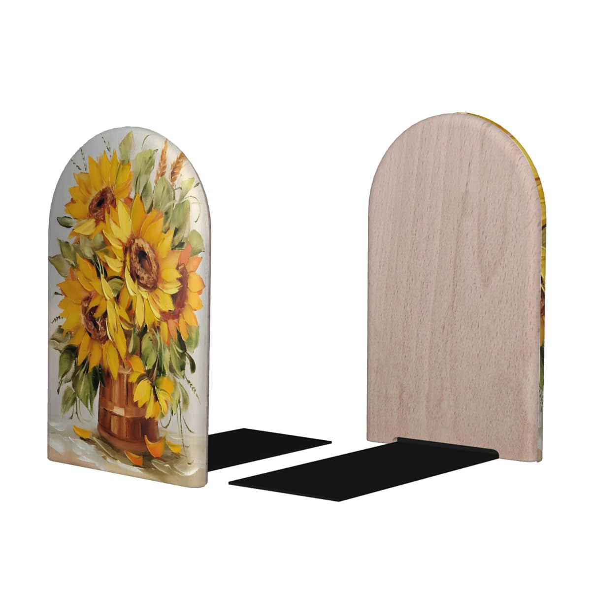 (2 PCS/1 Pairs) Wood Bookends Sunflower Autumn Art Decorative Wood Bookends for Student School Shelves Kids Room Desk Home Office Book Stoppers for Holiding Books 5x3 Inch