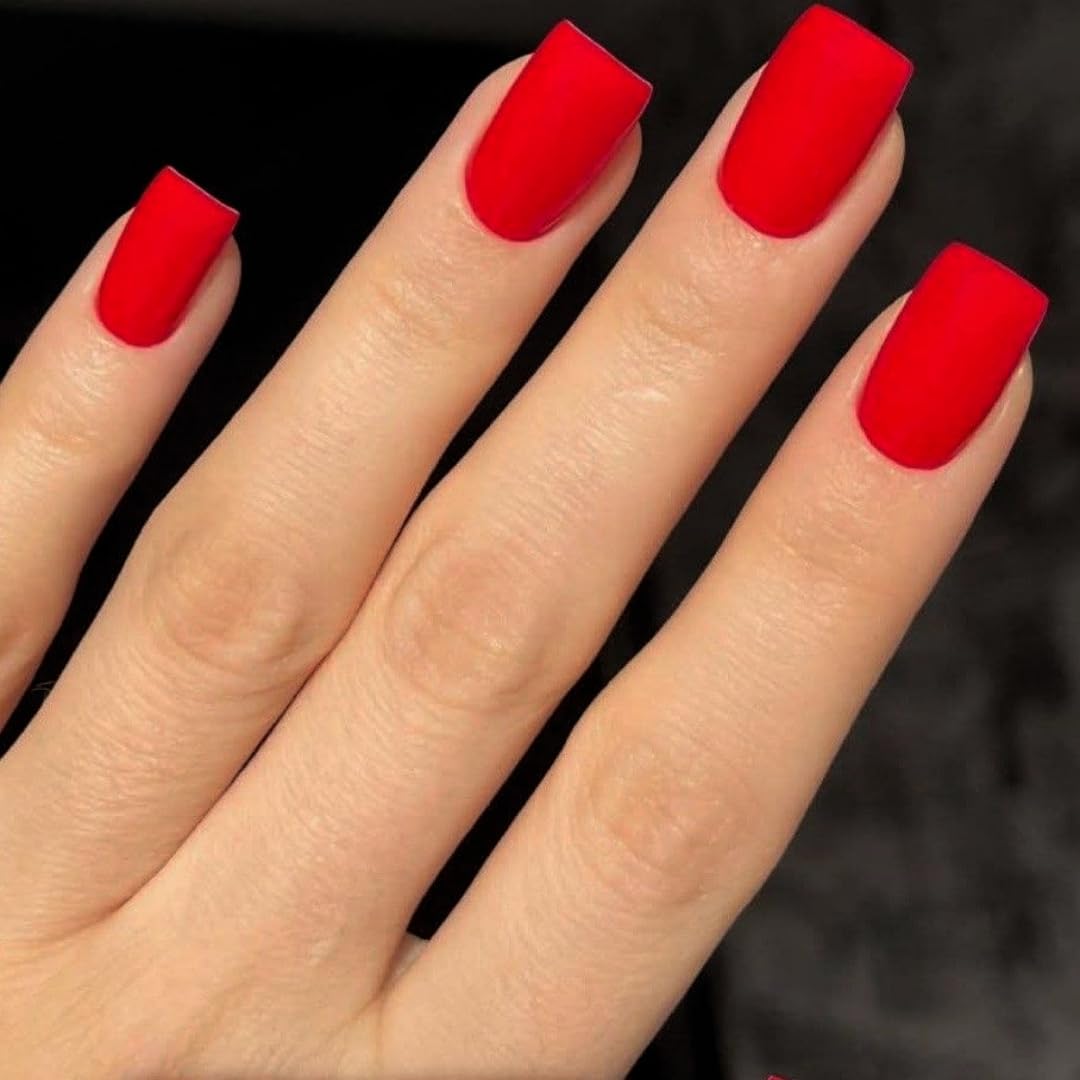 KQueenest Soft Gel Press on Nails Short Medium Square, Matte Light Red False Nails Short Coffin - Image 3