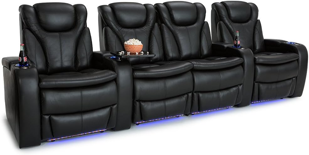 BarcaLounger Solaris Leather Power Recline Home Theater Seating Chairs (Row of 4 w/Center Loveseat, Black)