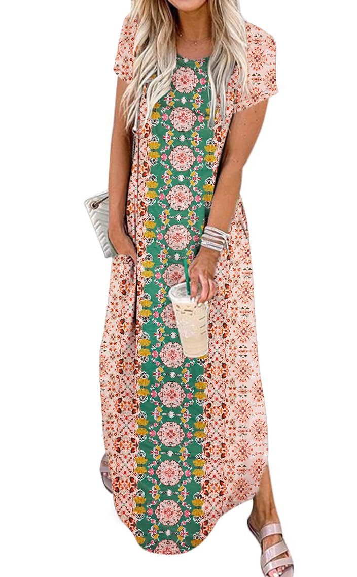 Jeqeocafy Women Summer Long Sundress Crewneck Short Sleeve Maxi Dress 2026 Casual Loose Beach Dress with Pockets