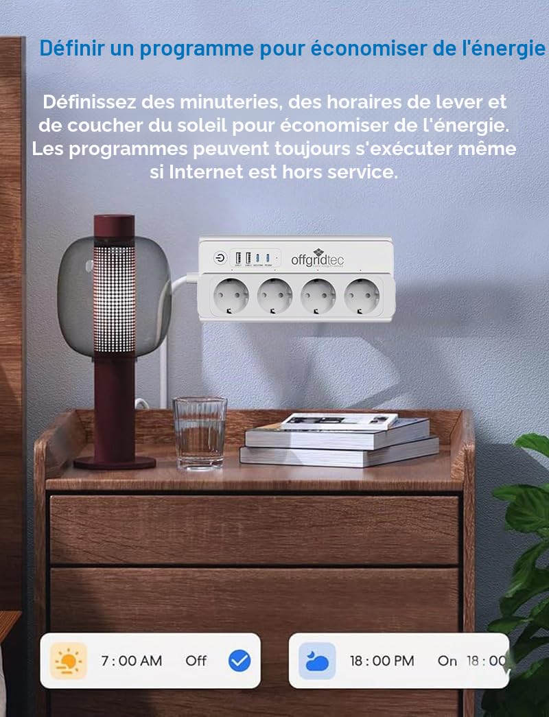 Offgridtec Multiprise WiFi Intelligente, 4 Prises, 16 A/3680 W (2 pièces) | 2 USB-A + 2 USB-C, contrôle via Smart Life/Tuya, suivi d'énergie en temps réel, compatible Alexa/Google Home, câble 1,5 m