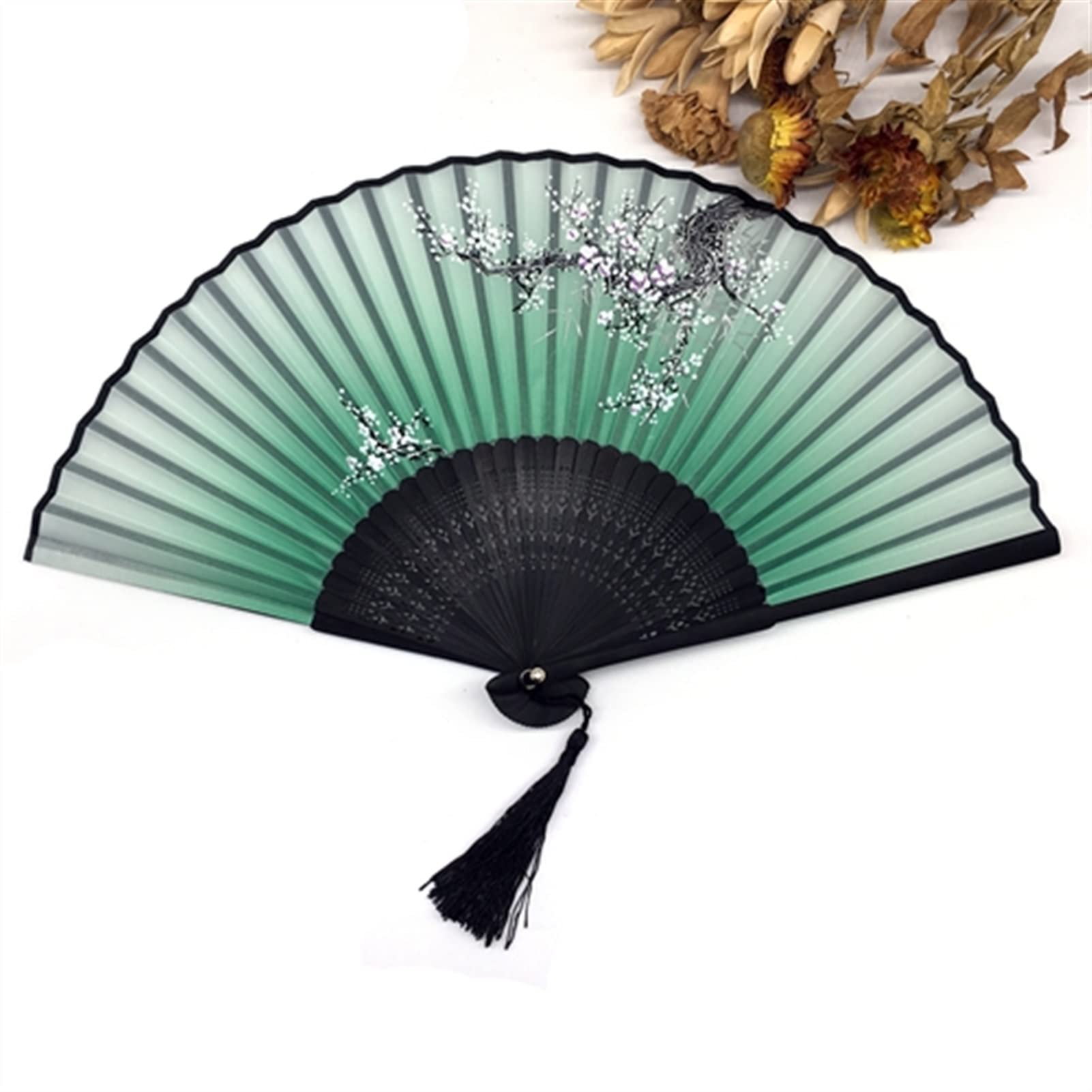 NZPOST 1pcs Vintage Chinese Spun Silk Flower Printing Hand Fan Folding Hollow Carved Hand Fan Event & Party Supplies for Dance,Party Props Decoration (D)