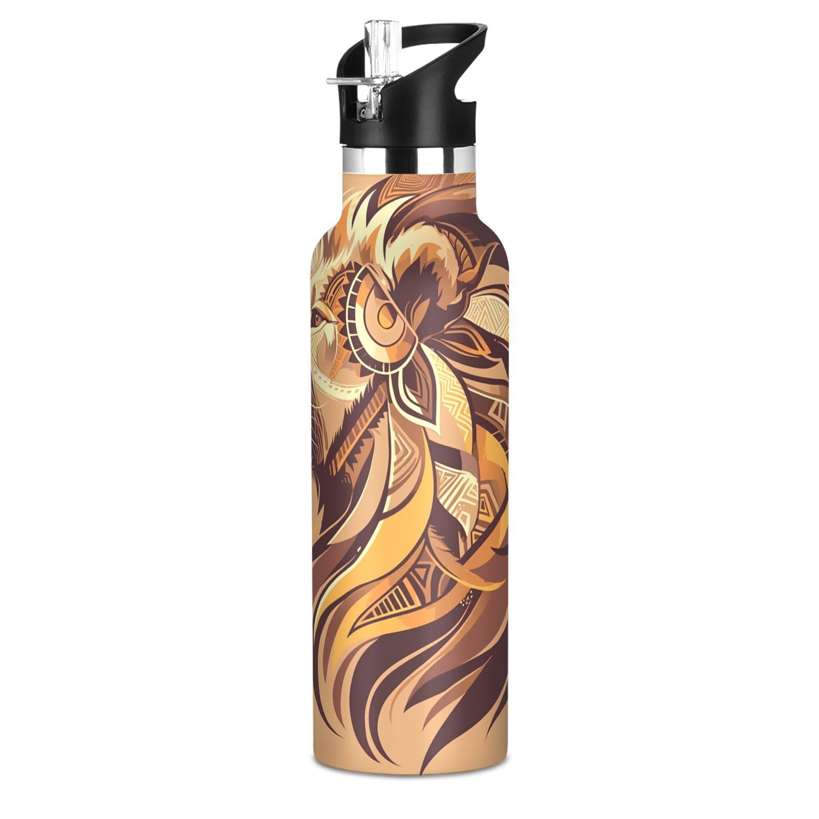 Kaaviyo Boys Pattern Golden Lion Illustrated Artistic Water Bottle Stainless Steel Jug Insulated Vacuum Cup For Girls(600Ml)
