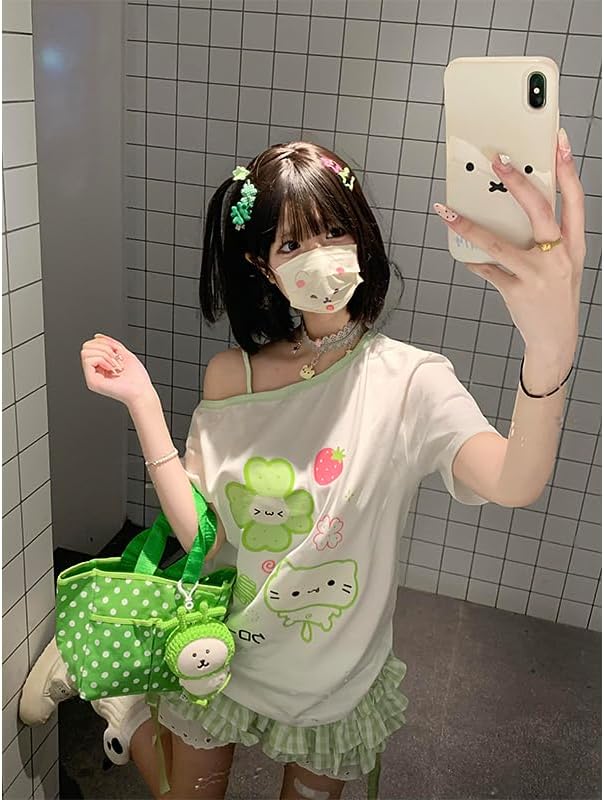 Womens Y2K Off Shoulder Kawaii T-Shirt Suit Hrajuku Plaid Ruffled Lace Pumpkin Short Pants Cute Cat Graphic Tops - Image 4