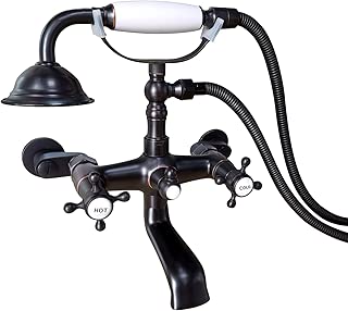 Clawfoot Bathtub Faucet Wall Mount with Hand Held Shower Faucet Set Oil Rubbed Bronze Black Double Cross Handle with 3-3/8 Inch Center with Adapter Adjustable Swing Arms - coolthings.us