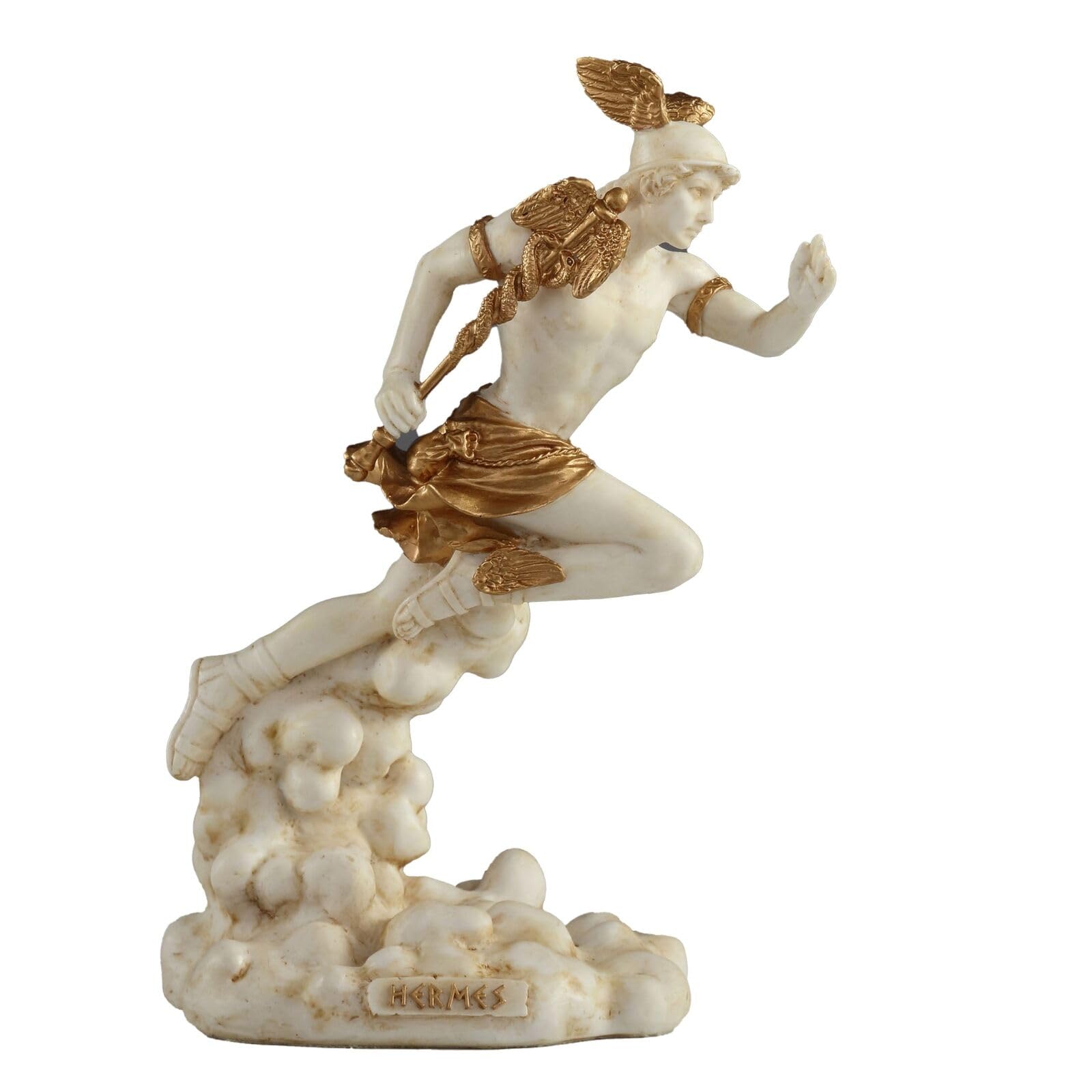 Statua di Dio greco Hermes Mercury in resina patina con dettagli dorati statuetta fatta a mano