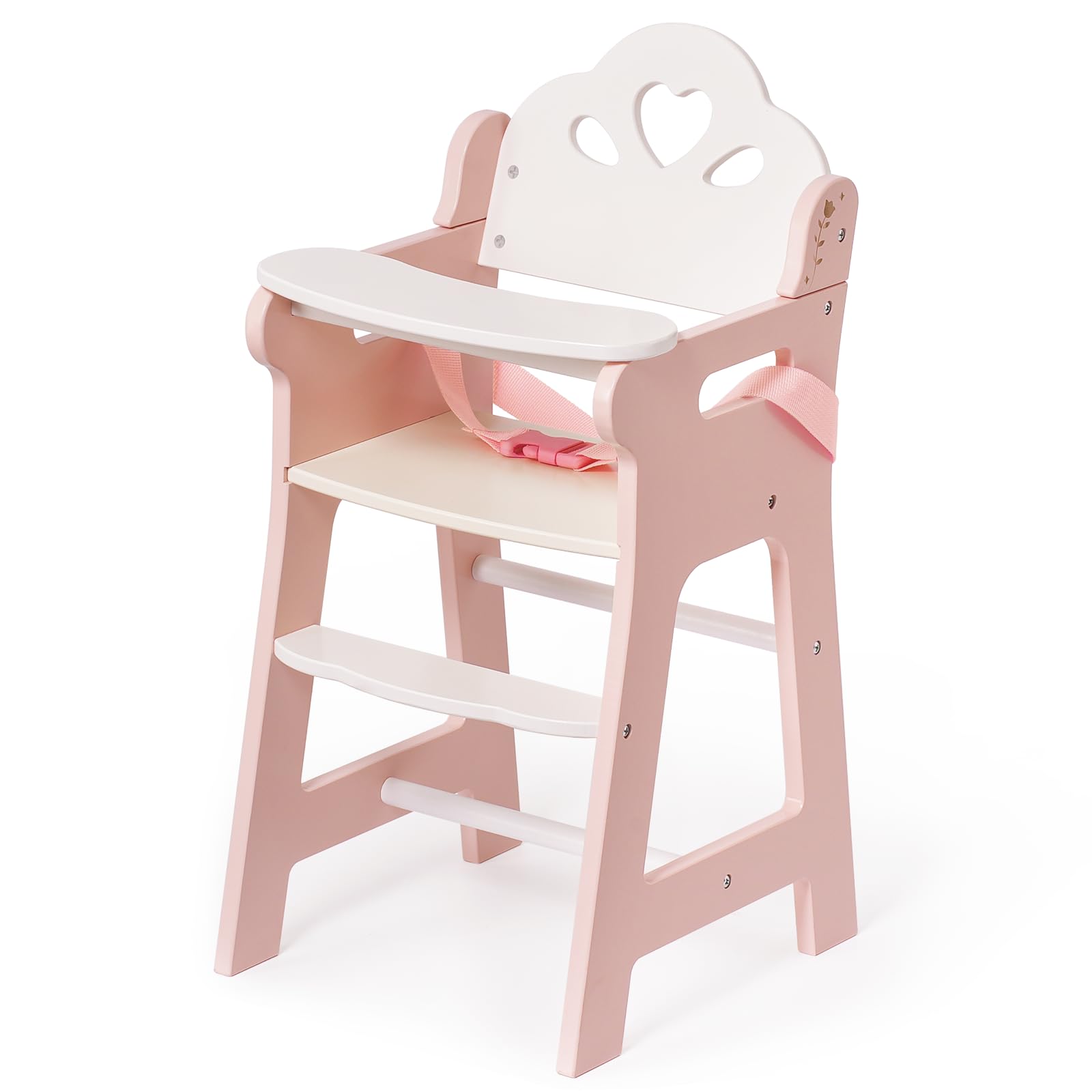 ROBUD Baby Doll High Chair, Pretend Play High Chair with Seat Belt, Pink Wooden Baby Doll Accessories with Movable Tabletop, Fits 18-20 Inch Dolls