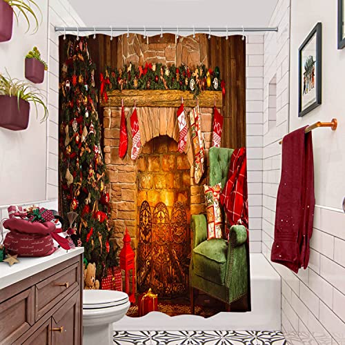 Broshan Vintage Christmas Shower Curtain, Western Christmas Shower Curtain For Bathroom Christmas Tree Fireplace Stocking Gift Art Print, Christmas Fabric Bathroom Decor Set With Hooks #TOP1