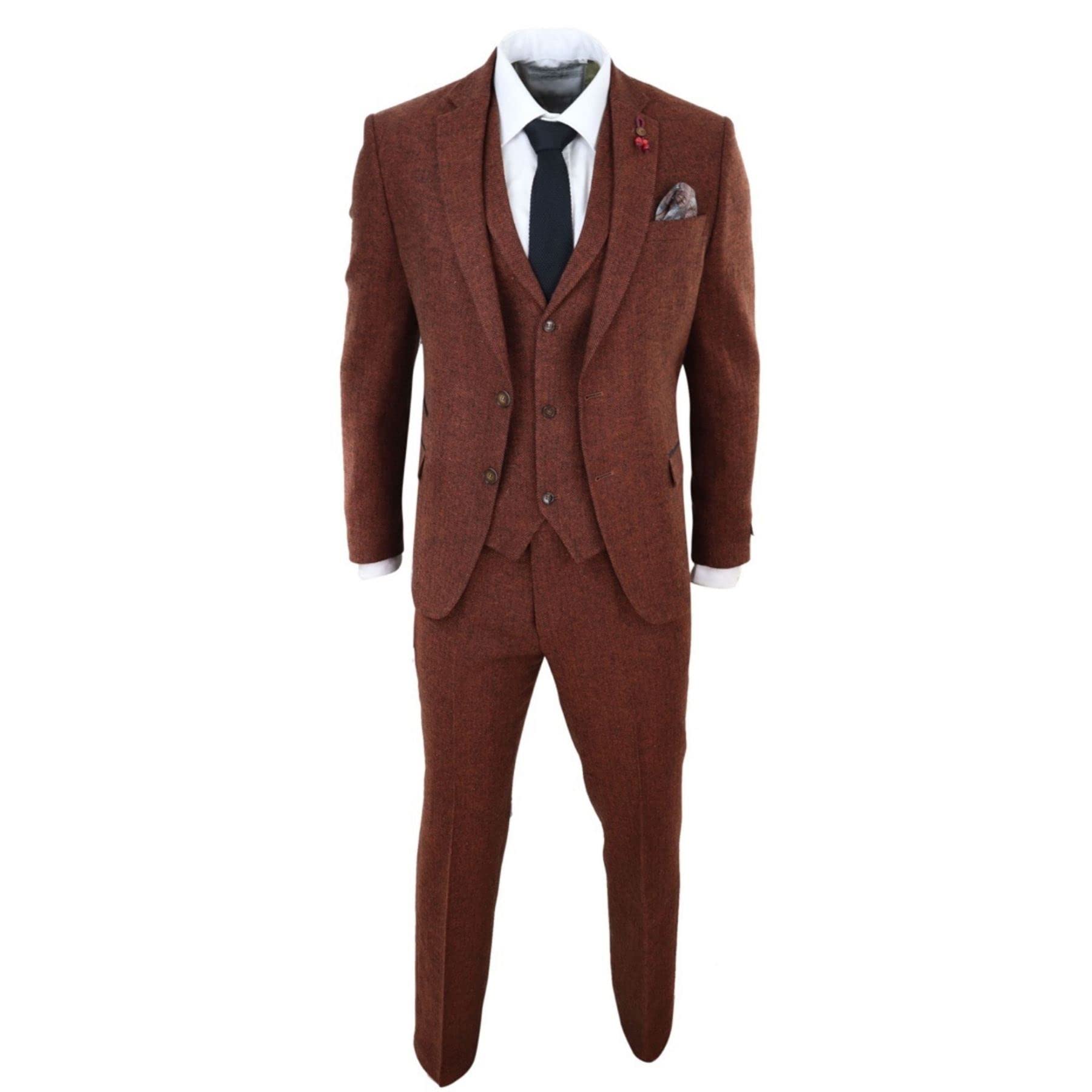Truclothing Men's Camel 3 Piece Tweed Suit Herringbone Wool Vintage Retro Fit