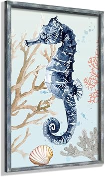 Coastal Blue Seahorse Wooden Wall Art Teal Ocean Sea Life Prints Decor Coral Artwork for Bathroom, Bedroom - Framed Beach Picture Decoration