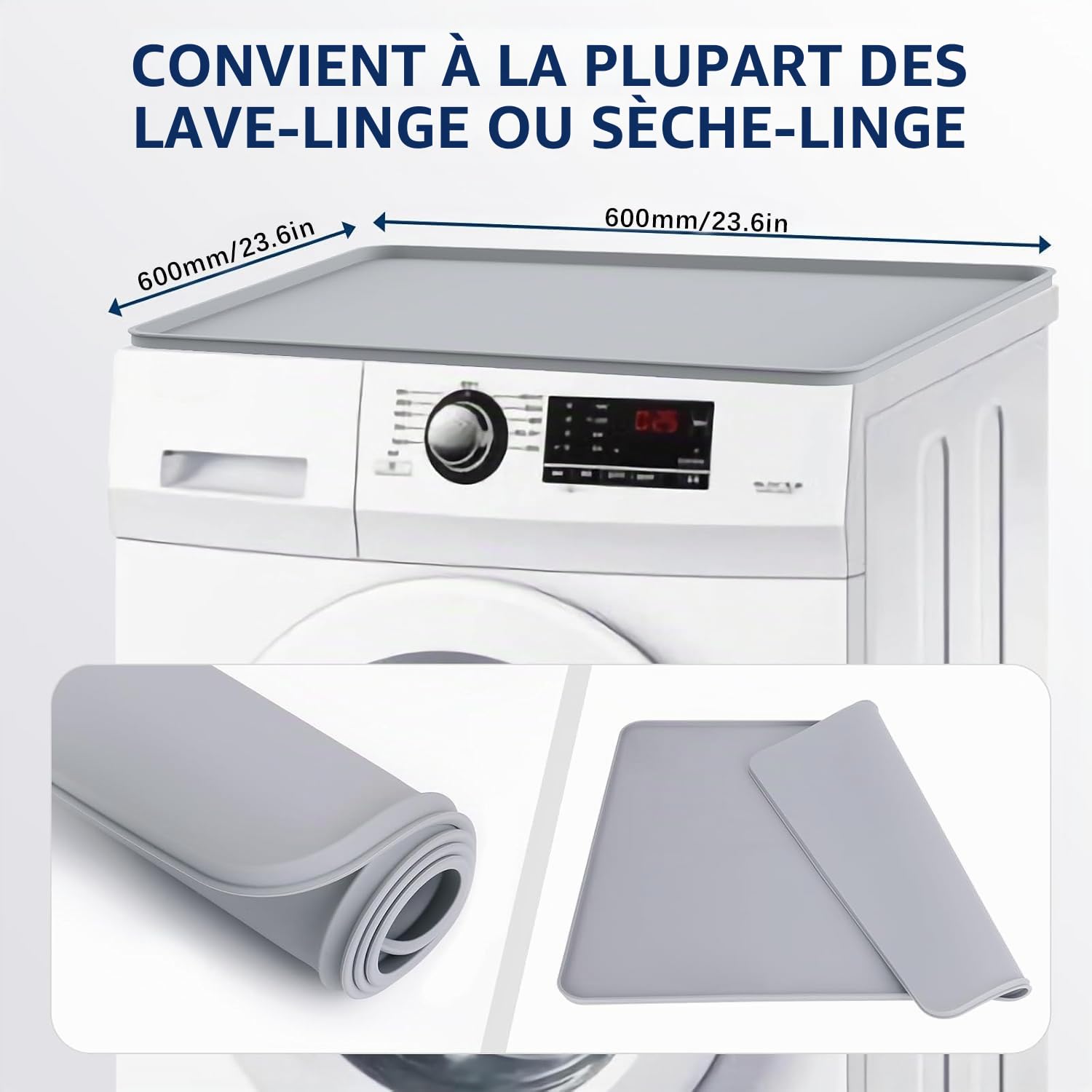 60x60 Housse de machine à laver, tapis antidérapant en silicone pour machine à laver et sèche-linge, coussin de machine à laver pour buanderie, plan de travail de cuisine（Gris）