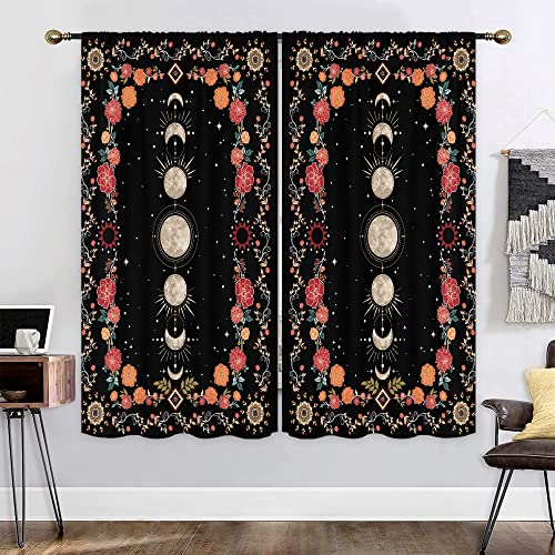 Mitpok Boho Moon Phase Flower Curtains For Women Bedroom 42Wx63H Inch Rod Pocket Red Black Mandala Bohemian Floral Witchy Gothic Moonlit Aesthetic 2 Panels Window Treatment Set For Living Room Decor #TOP1