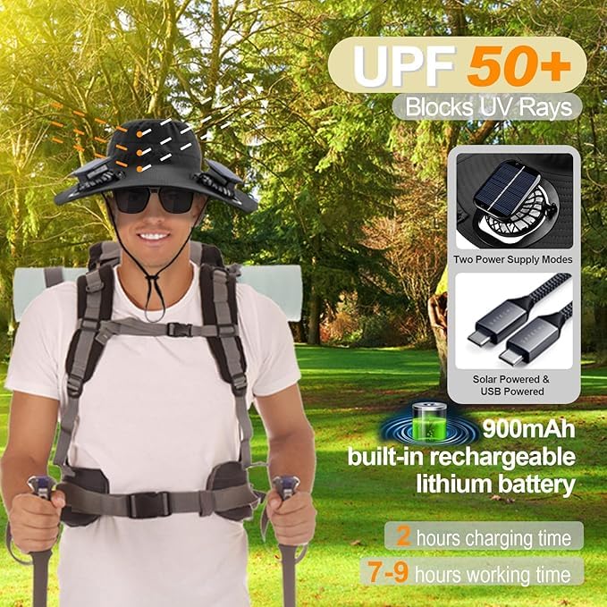 Image of Fishing Hats with Sunglasses, Wide Brim Sun Hat with 2 Solar Fan, USB & Solar Powered Fishing Hats, Solar Fan Hats UPF 50+
