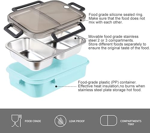 Miniatura 5 de YBOBK HOME Lonchera Bento a prueba de fugas con 3 compartimentos evita la mezcla de alimentos lonchera térmica de acero inoxidable 188 para niños y