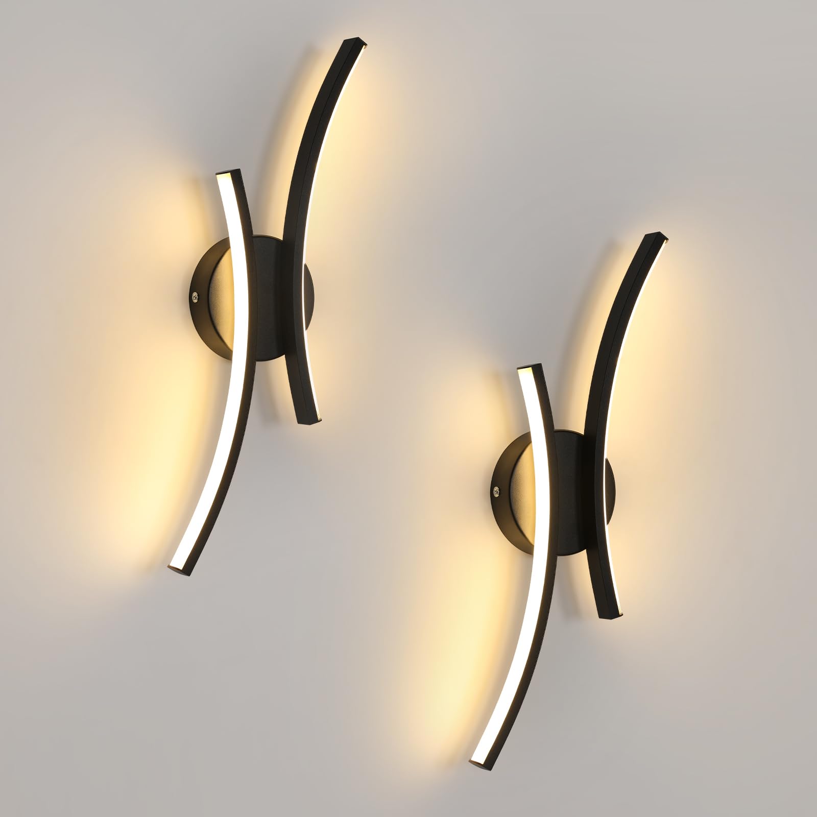 2 Stück Wandlampe Innen LED, 20W 2250LM LED Wandleuchte Schwarz, Modern Dekorativ Wandbeleuchtung Aluminium für Schlafzimmer Korridor Wohnzimmer Treppe, Warmweiss 3000K