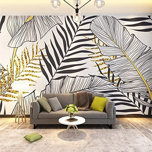 Papier peint photo mural plantes tropicales 3D moderne noir blanc or 300x210cm salon