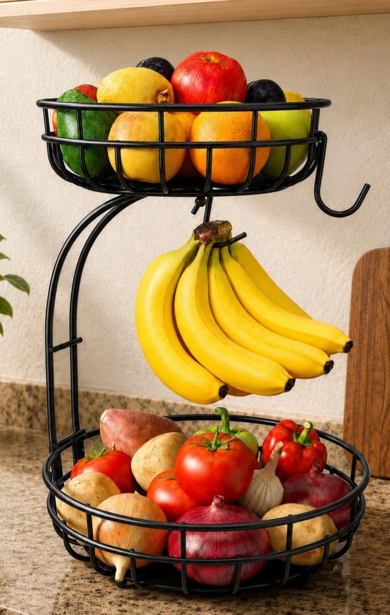 Sevenblue 2 Tier Modern Fruit Basket for Kitchen Counter with 2 Banana Hook