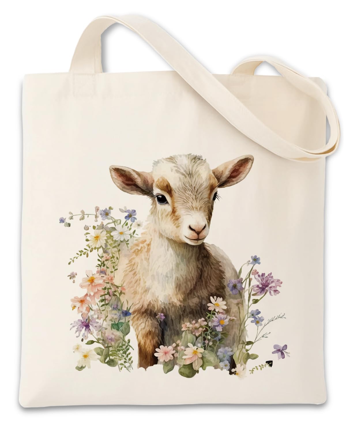 Cute Canvas Tote Bag Little Sheep and Flowers Print Totes Reusable Canvas Totes Two Sided Printing Big Capacity
