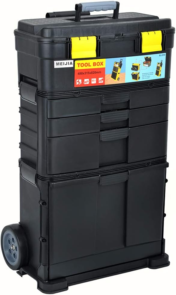 MEIJAIA Heavy Duty Rolling Toolbox With Retractable Handle,3-IN-1 Removable Storage Tray –Chest & Cabinet Storage Box, Garage Toolbox Organizer,Black