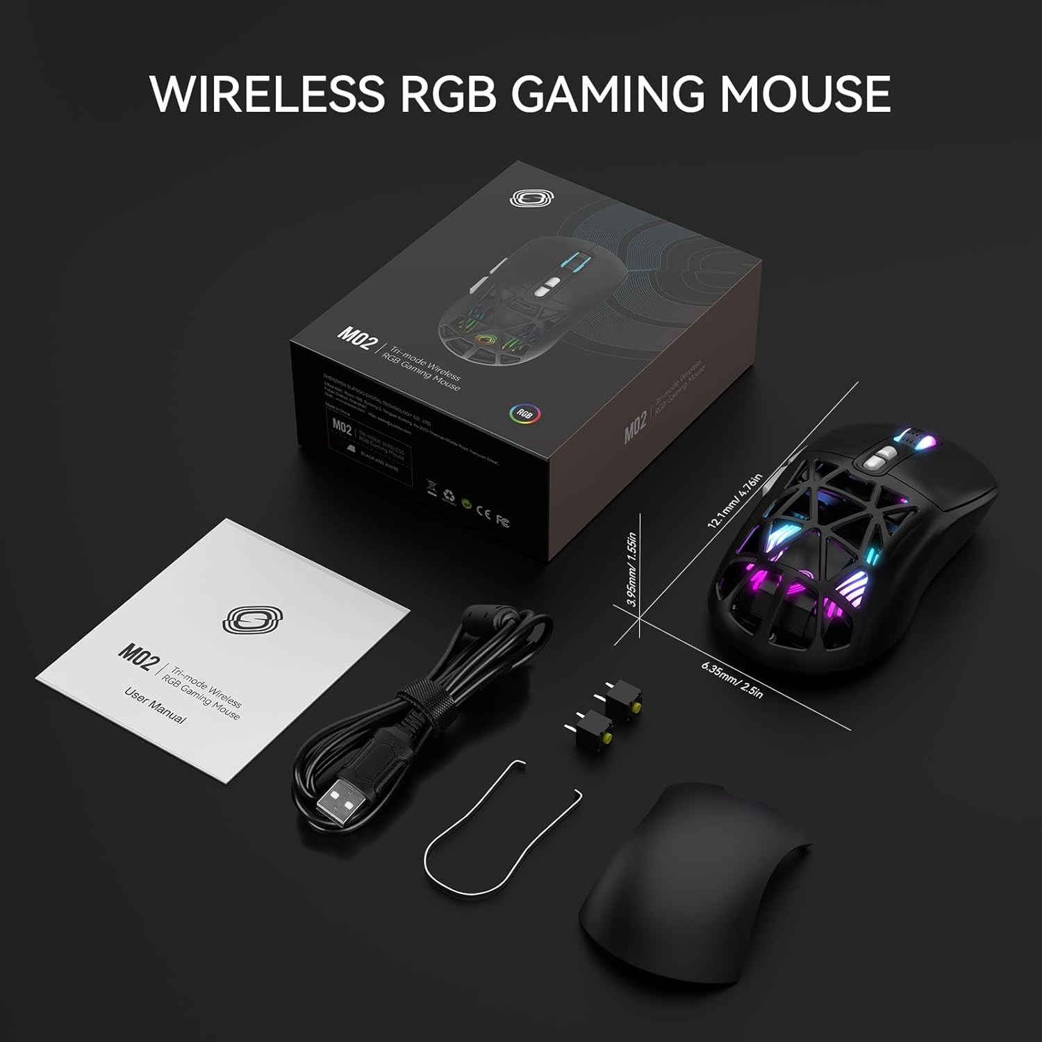 FD Wireless Gaming Mouse,Rechargeable RGB Programmable Macro Mouse,10000 DPI,Tri-Mode 2.4GHz/BT 5.0 with Wired,3.7V 500mAh Built-in Battery for Laptop Desktop PC MacBook Chromebook - Black