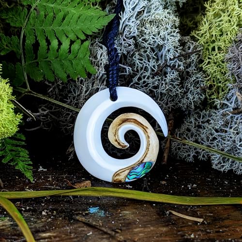 Hand Carved Koru Real Bone Pendant with Genuine Abalone Shell - Black Cord Hawaii Necklace - Maori Style Jewelry - Round Spiral Swirl Surfer Necklace for Men - Natural Accessories3