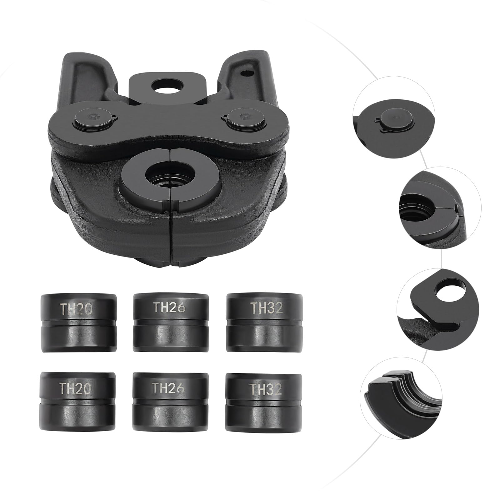 TH 20-26-32 - Juego de alicates de prensa profesional para tubos compuestos con accesorios del contorno TH, insertos de mordaza TH20, TH26, TH32, para tubo de cobre, tubo de acero inoxidable, tubo de