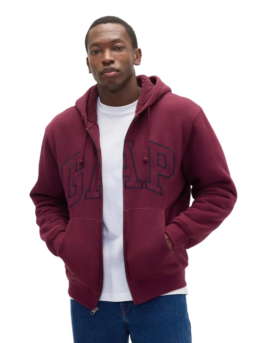 GAP Men's Logo Sherpa Full Zip Sweatshirt, Tuscan Red, M