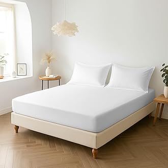 Pizuna Percale Fitted Sheet Super King 180x200 cm with 2 Pillow Cases, White, 100% Long Staple Cotton, Crisp Percale Weave, Fitted Bed Sheets with 40 cm Deep Pocket