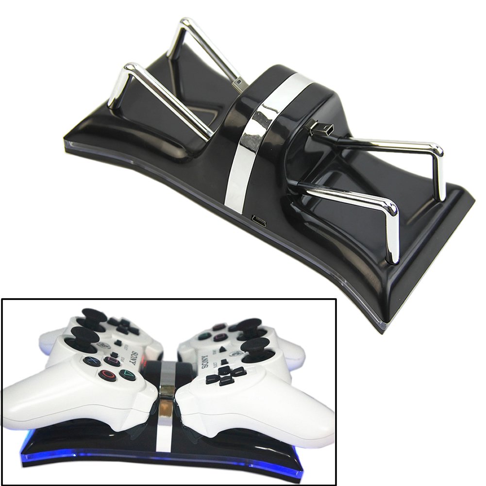 Blue LED USB Dual Charger Charging Station Dock For Playstation PS3 Controller