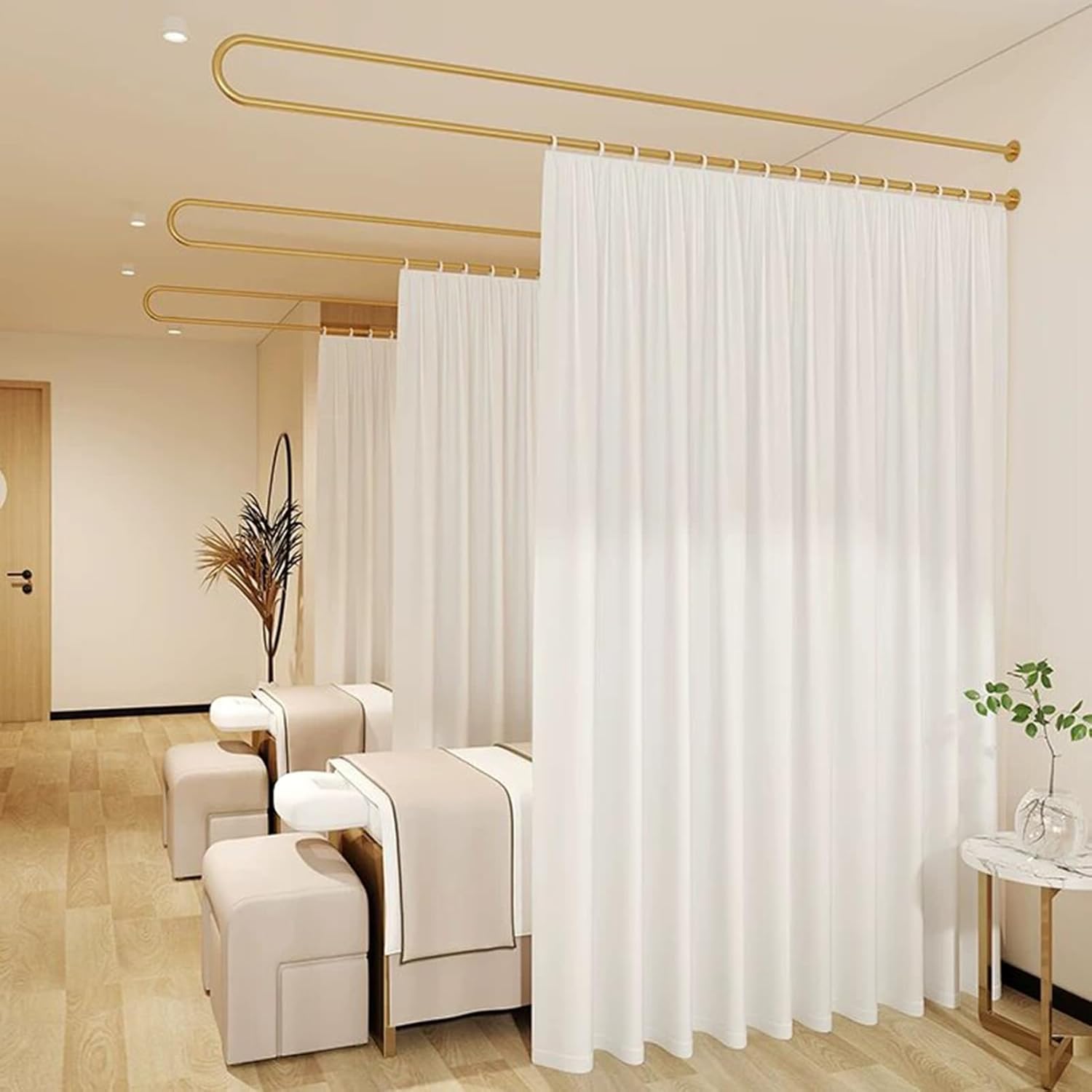 U Shaped Partition Curtain Rod, 7.55ft Metal Support Rod for Beauty Salon Bedroom Hospital SPA Fitting Room, Single Wall Mounted (Gold)
