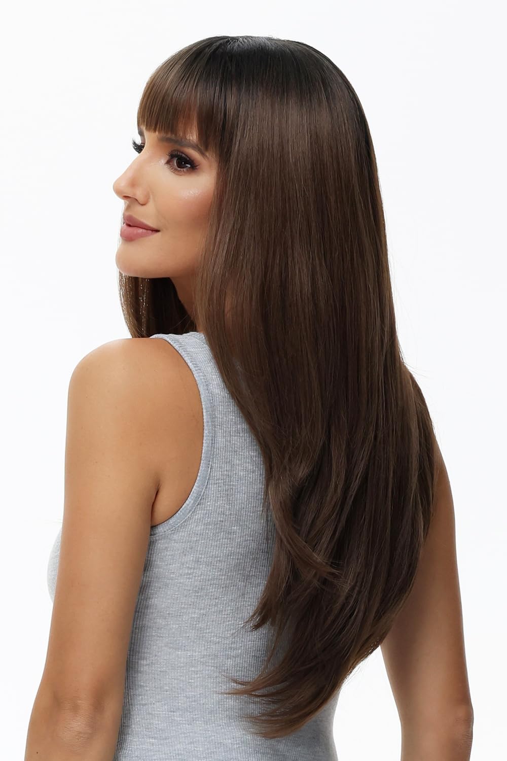 BUYOGET Long Wigs for Women with Fringe Adjustable Straight Synthetic Hair Wig Cosplay Daily Use Wigs 24 inch Ombre Brown - Image 3