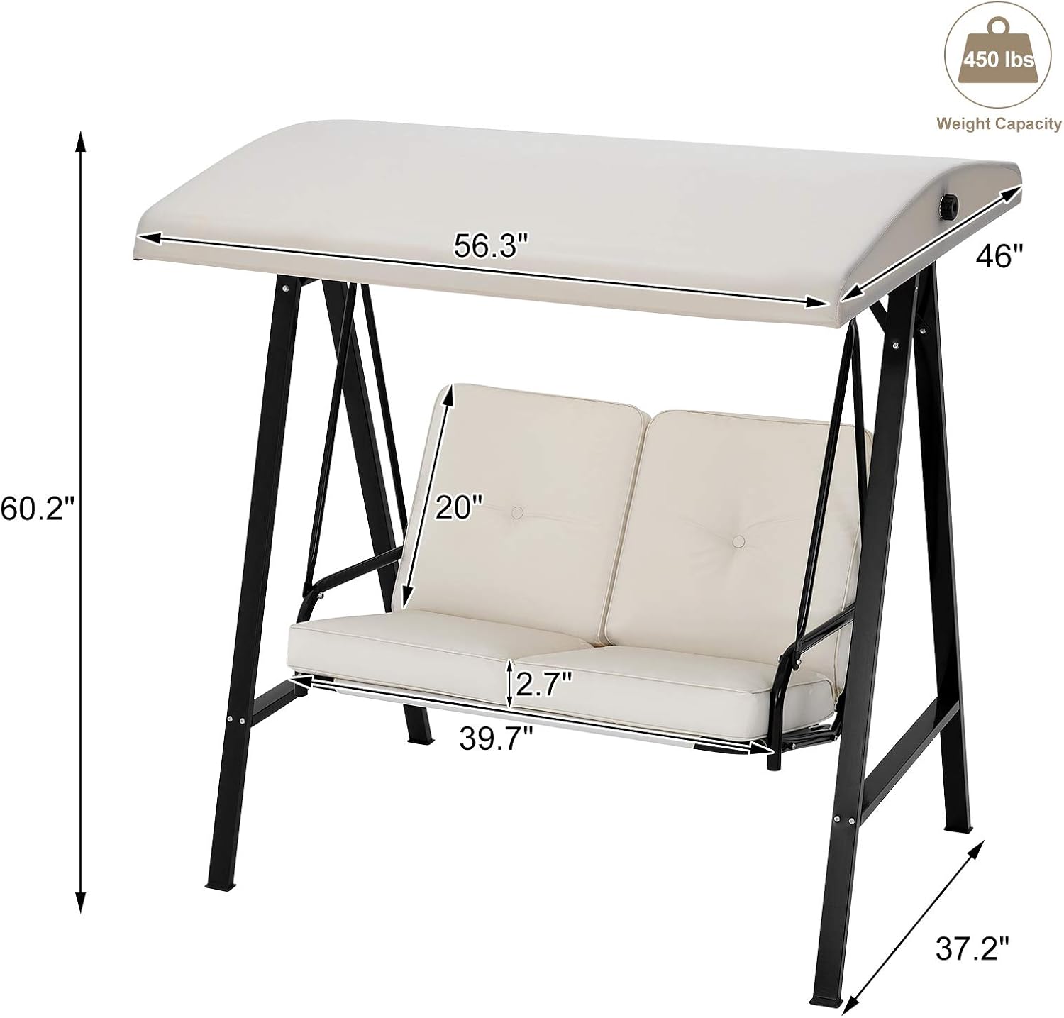 U-MAX 2 Seat Outdoor Patio Swing Chair for Adults, Porch Swings with Adjustable Canopy, Outside Swing Bench with Removable Cushion, Suitable for Backyard, Garden, Yard, Poolside, Balcony (Beige)