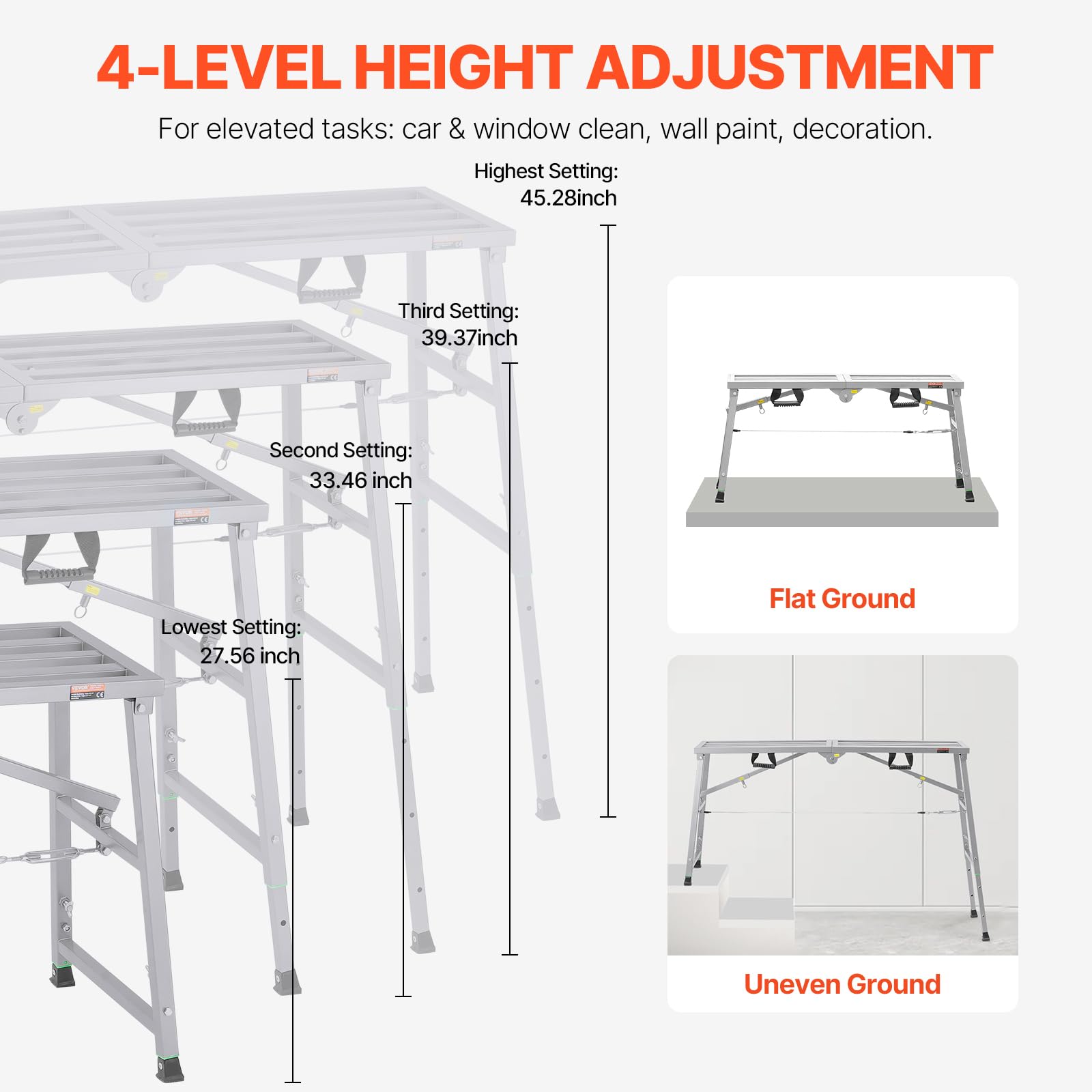 VEVOR Piattaforma di Lavoro, Altezza Regolabile a 4 Marce 1150 mm, Scala Pieghevole in Lega di Acciaio, Piattaforma per Ponteggi Capacità 360 kg, Piedini in Gomma Antiscivolo, per Pulizia Lavaggio