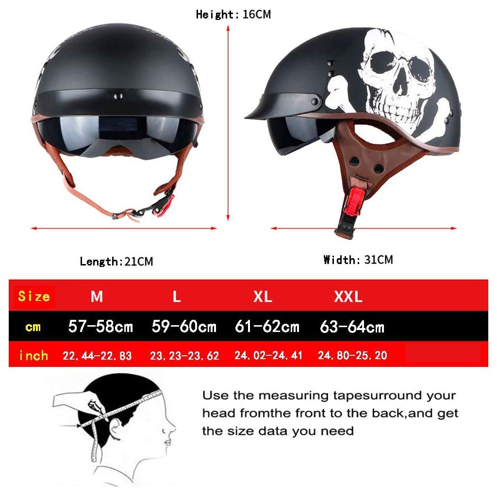 Półkask motocyklowy, kask motocyklowy z otwartą twarzą, zatwierdzony przez ECE, kask motocyklowy retro do skutera ulicznego, cruiser, skuter, z podwójnym wizjerem (57-64cm)