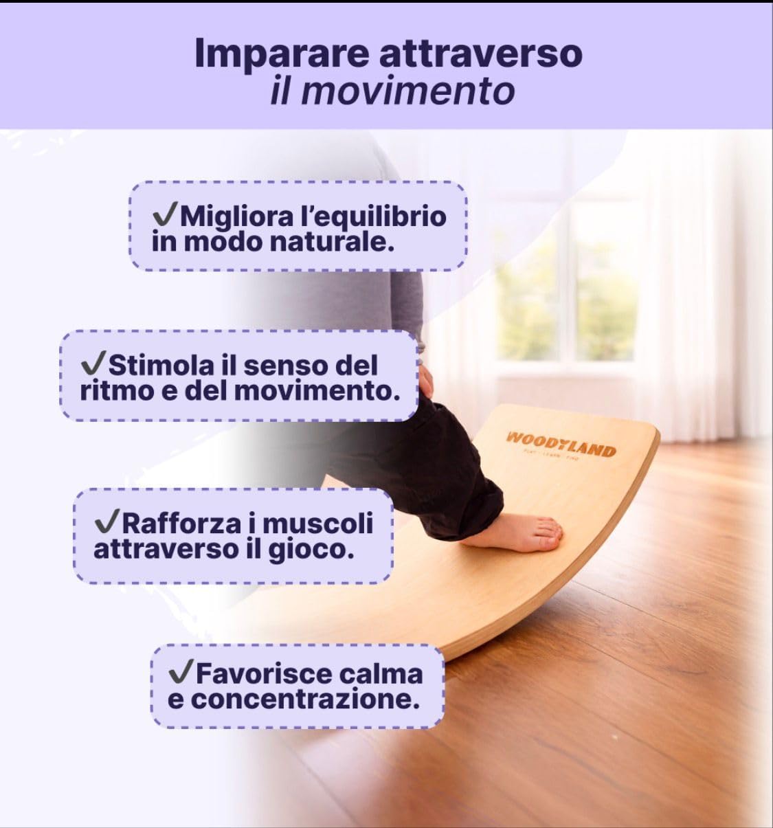 WOODYLAND Tavola di Equilibrio per Bambini, Ispirazione Montessori, Balance Board Fly in Legno Naturale, Tappetino Antiscivolo in Feltro, 80 x 30 cm