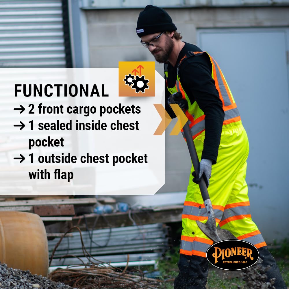 Pioneer Hi Vis Waterproof Bib Pants For Men & Women - Insulated Safety Rain Overalls - For Construction Work - Reflective