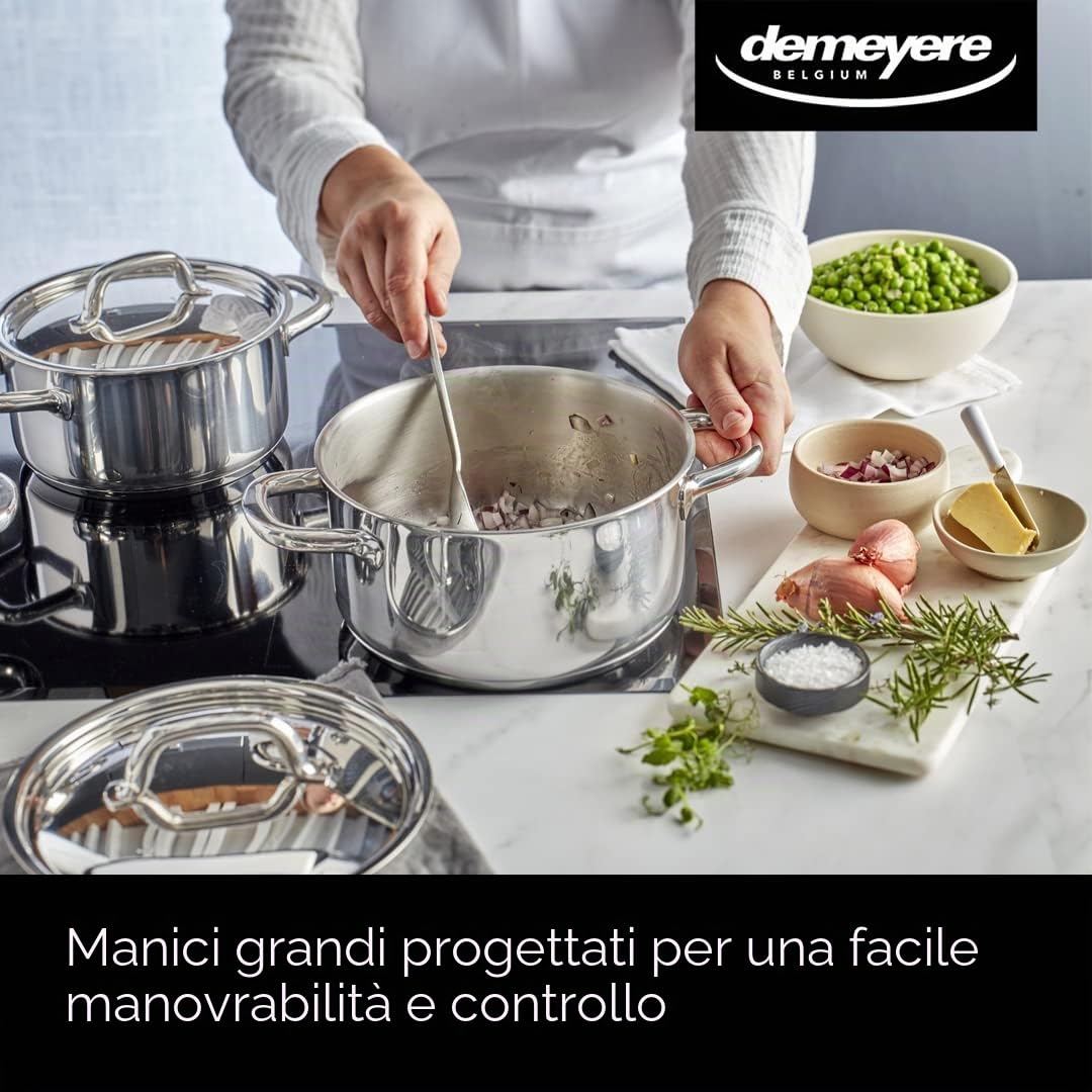 DEMEYERE Batteria di 5 pentole con coperchio Classico 3, acciaio inox, casseruola inclusa, compatibili con tutti i piani cottura e le piastre a induzione. Garanzia 10 anni
