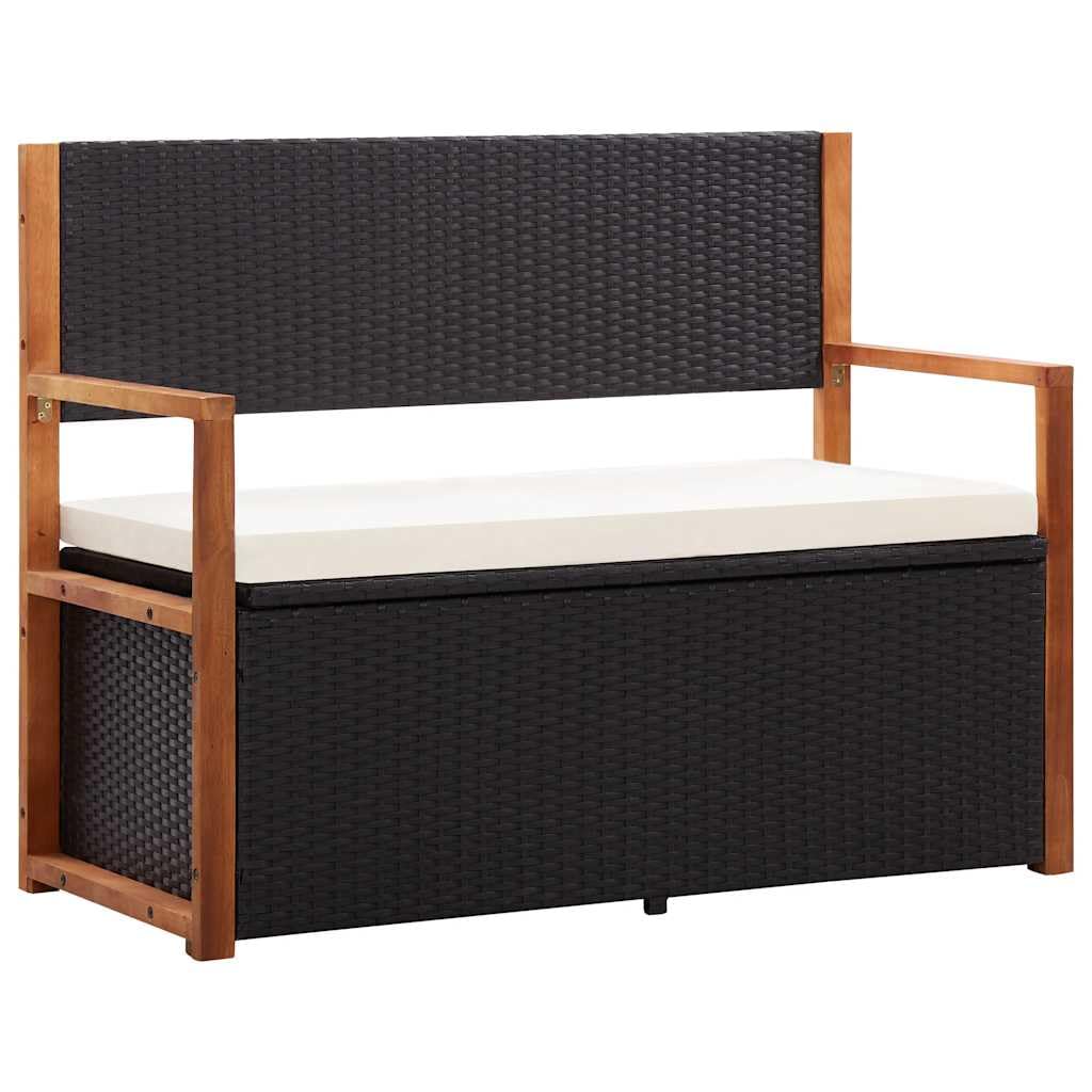 45" Rattan & Acacia Wood Outdoor Storage Bench with Cushion, Black