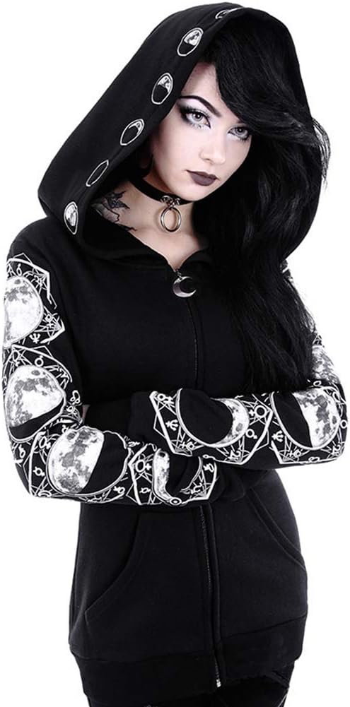 Gediffwer Women Gothic Zip Up Oversized Moon Hoodie Sweatshirt Long Sleeve Coat Punk Jacket with Pockets